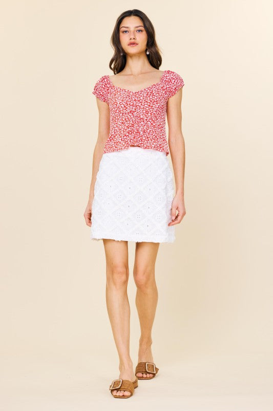 Skies are Blue White Textured Broderie Mini Skirt