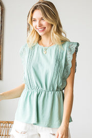 Sage Lace Trimmed Peplum Top
