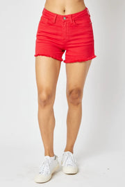 Judy Blue Mid Rise Red Fray Hem Shorts