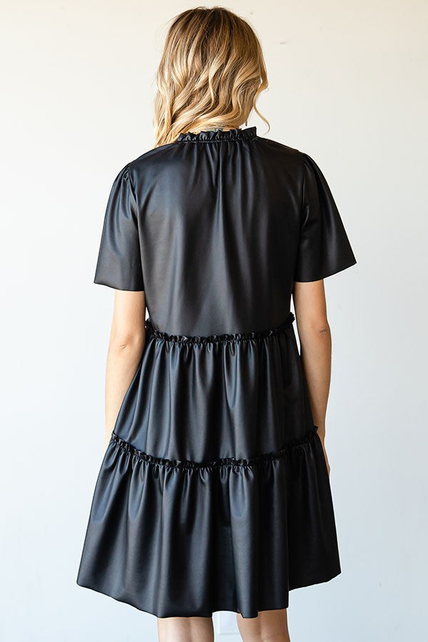 Black Faux Leather Tiered Dress