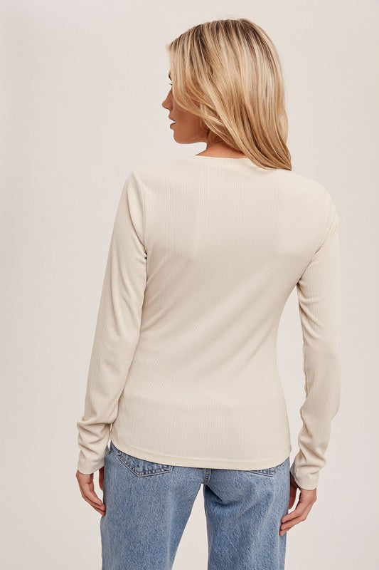 Round Neck Front Ruched Detail Ribbed Top