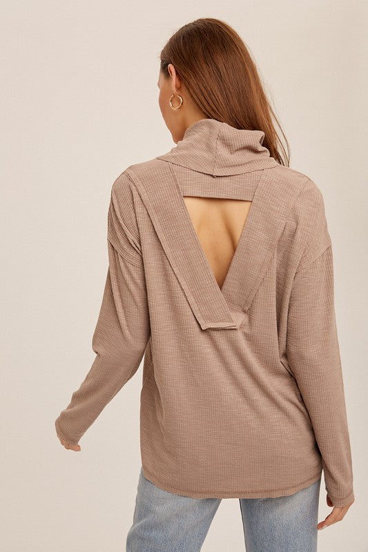 Back Cutout Cowl Neck Ribbed Pullover