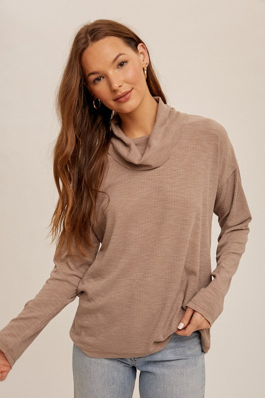 Back Cutout Cowl Neck Ribbed Pullover