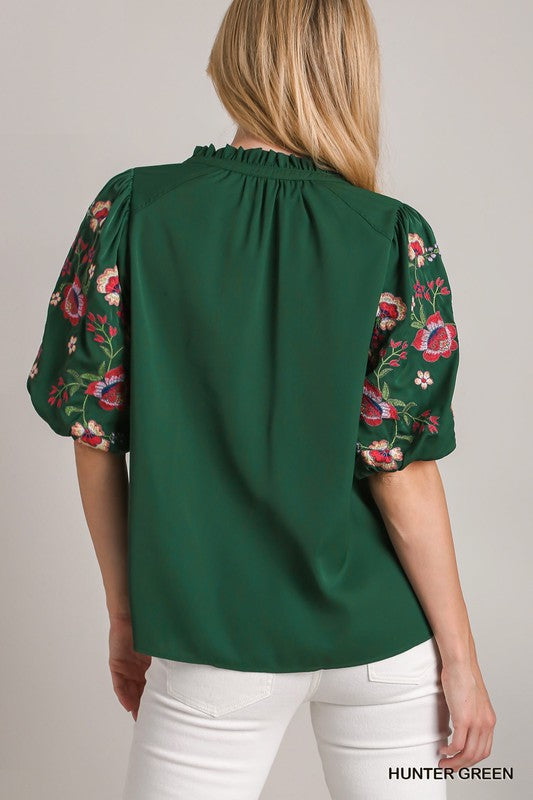 Hunter Green Embroidery Puff Sleeve Top