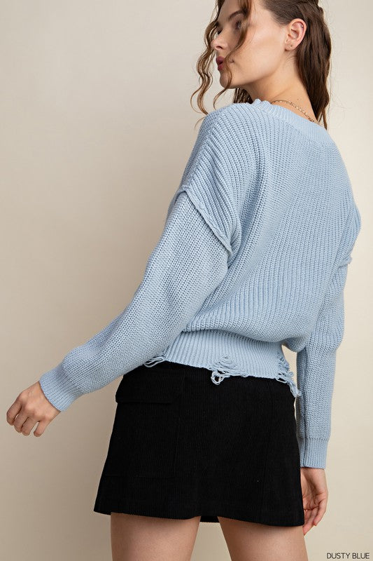 Dusty Blue Drop Shoulder Knit Sweater