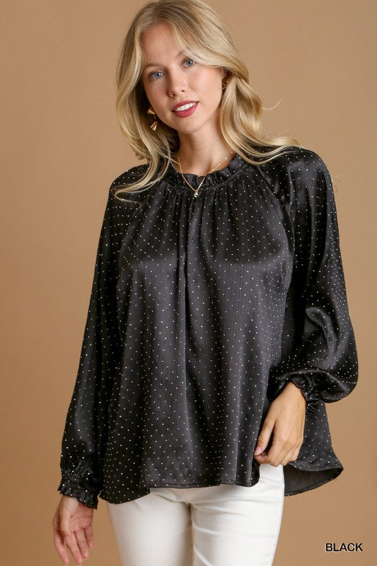 Round Neck Ruffle Blouse With Beads