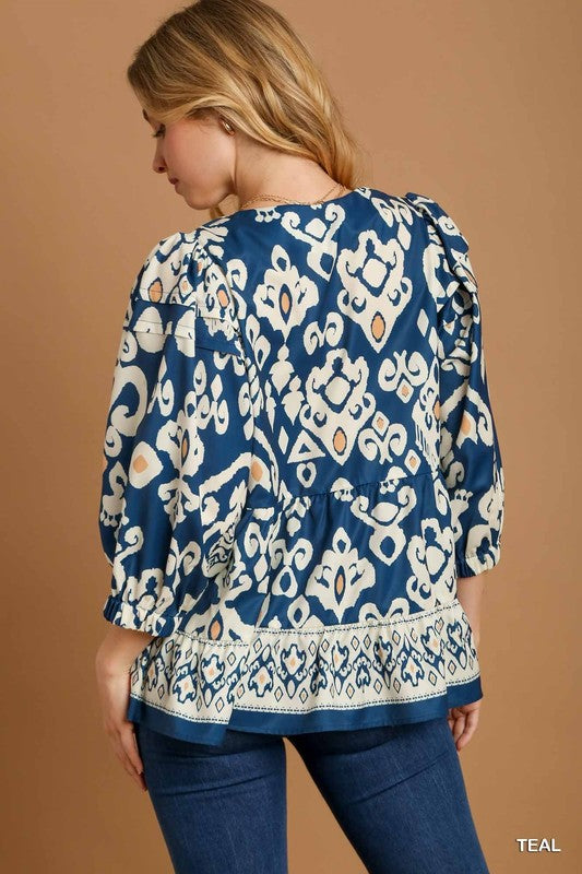 Aztec Printed V-Neck Top with Folded Detail Sleeve