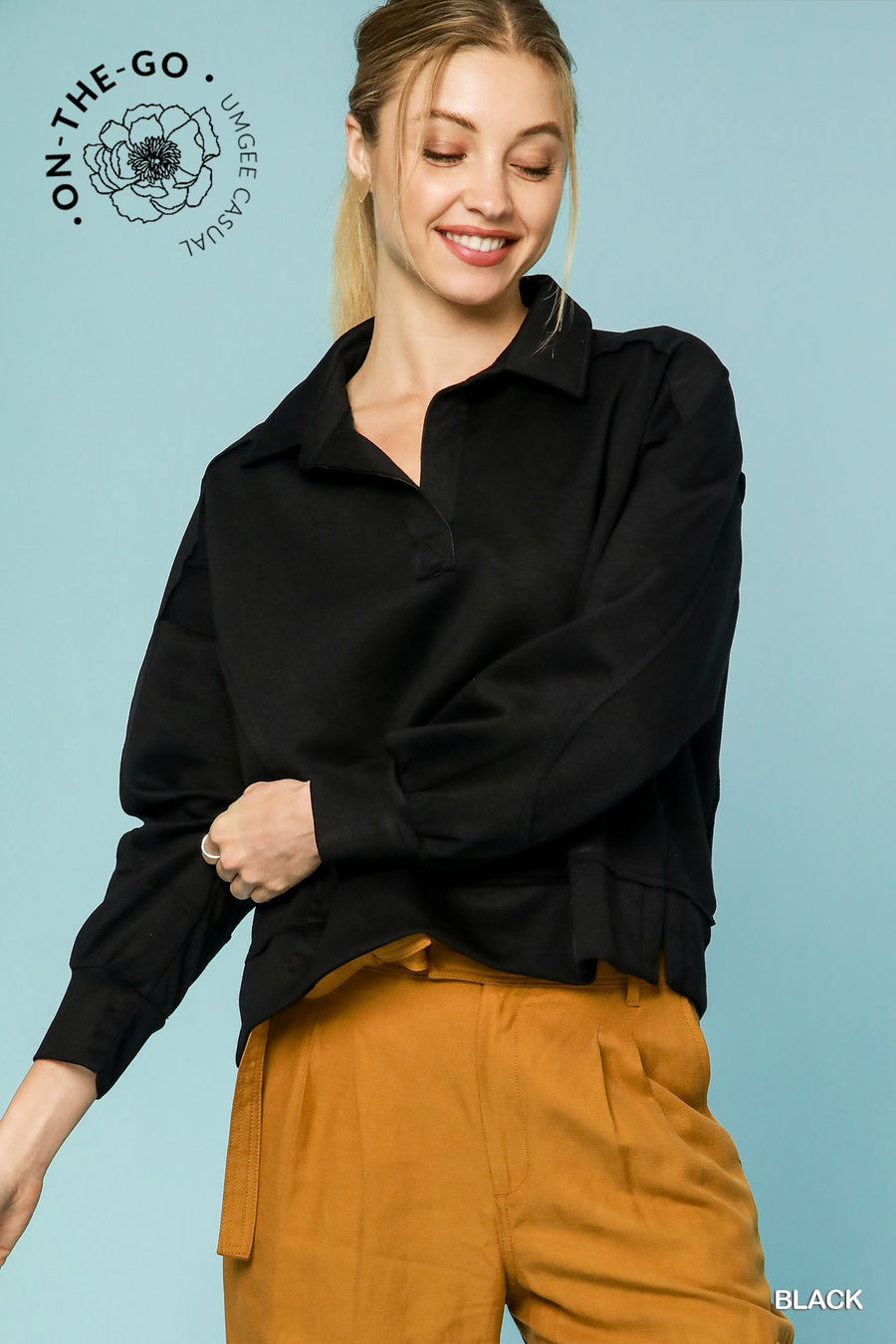 Black Luxeknit On-The-Go Collared Pullover