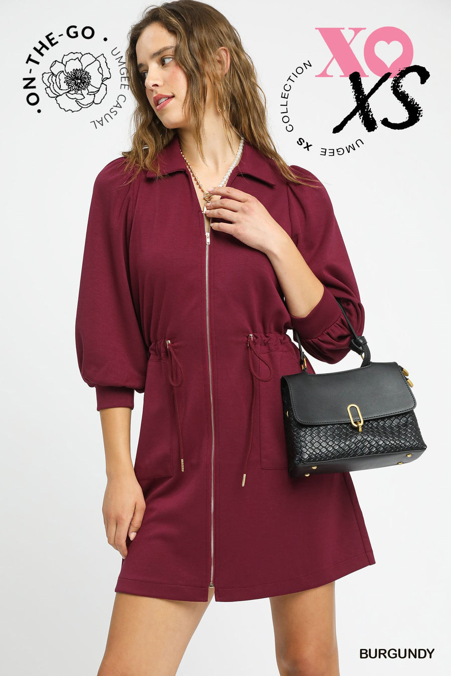 Burgundy Luxeknit Zip-Up Mini Dress with Drawstring Waist