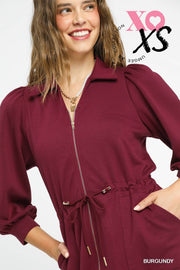 Burgundy Luxeknit Zip-Up Mini Dress with Drawstring Waist