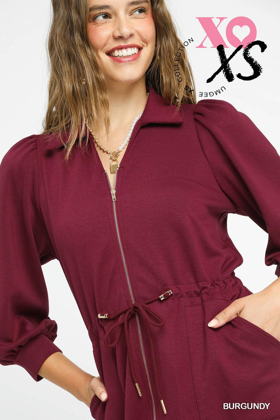 Burgundy Luxeknit Zip-Up Mini Dress with Drawstring Waist