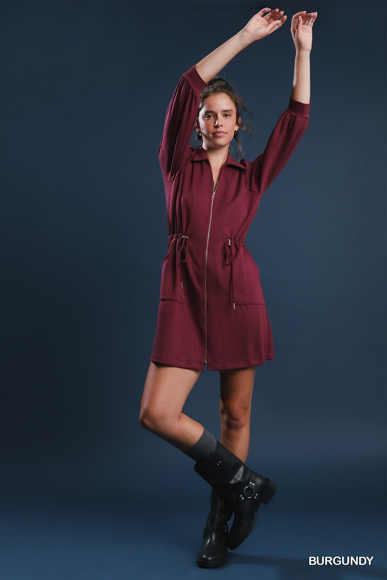 Burgundy Luxeknit Zip-Up Mini Dress with Drawstring Waist