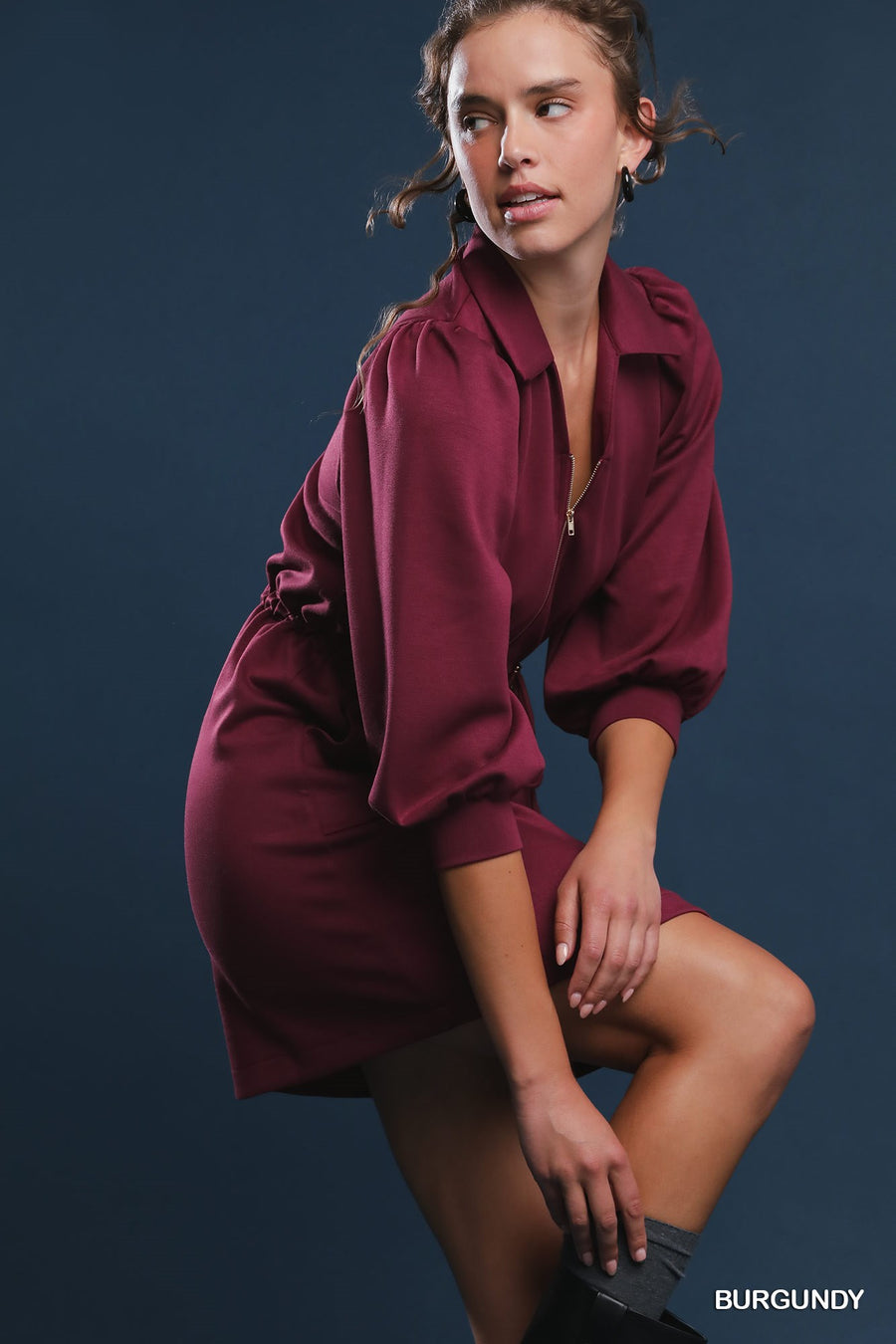 Burgundy Luxeknit Zip-Up Mini Dress with Drawstring Waist