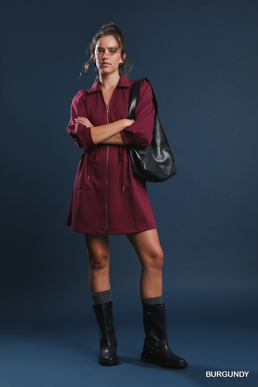 Burgundy Luxeknit Zip-Up Mini Dress with Drawstring Waist