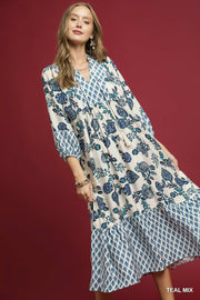 Teal Mixed Print Boho Maxi Dress