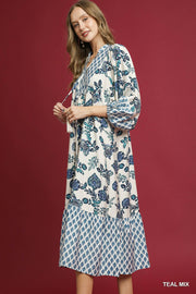 Teal Mixed Print Boho Maxi Dress