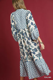 Teal Mixed Print Boho Maxi Dress