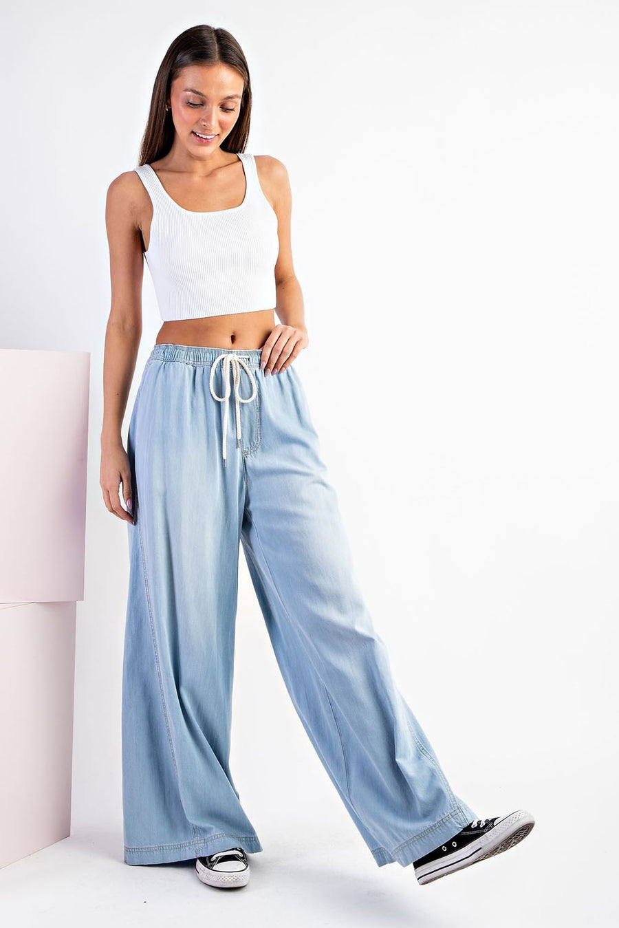 Mineral Washed Denim Wide Leg Pants