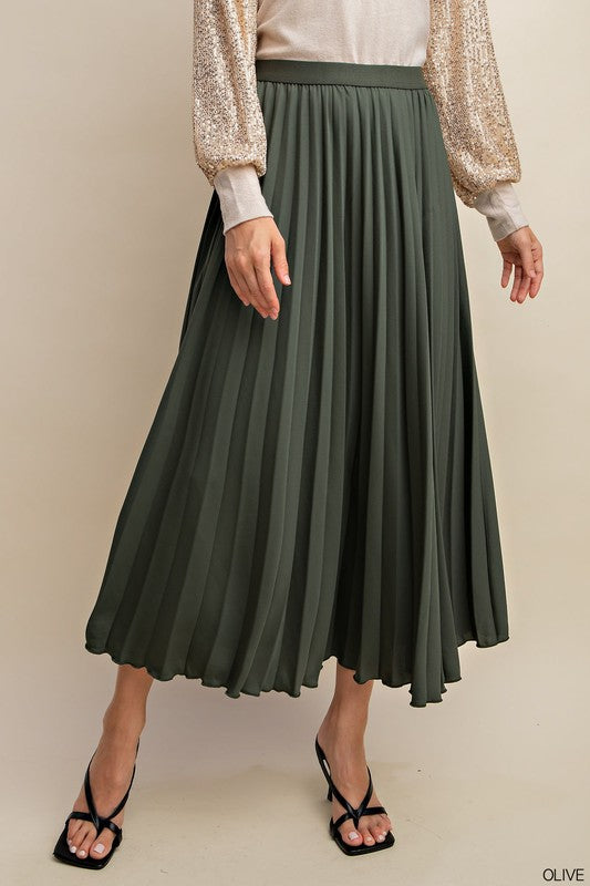 Olive Pleated Long Skirt