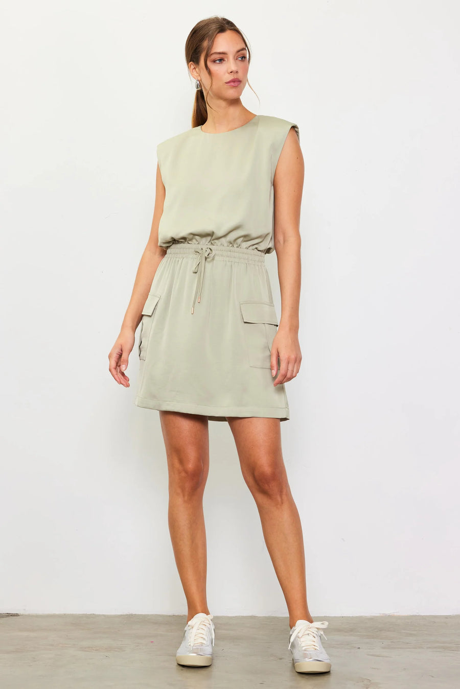 Skies Are Blue Sage Utility Sleeveless Mini Dress