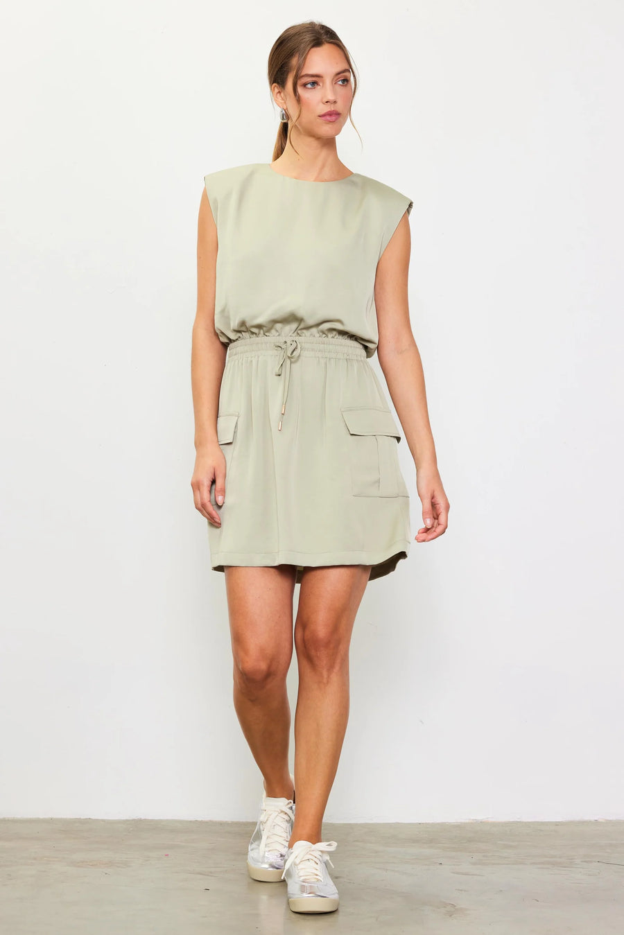 Skies Are Blue Sage Utility Sleeveless Mini Dress