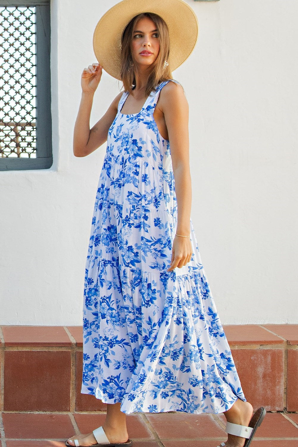 French Blue Print Tiered Midi Dress