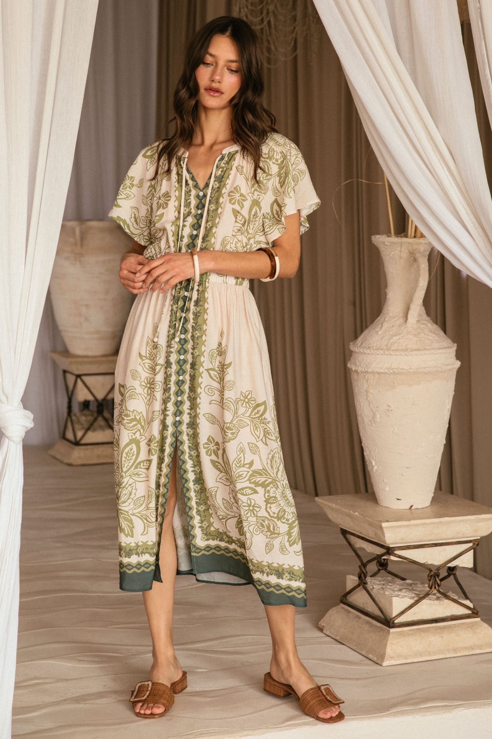 Skies are Blue Olive Print Midi Dress