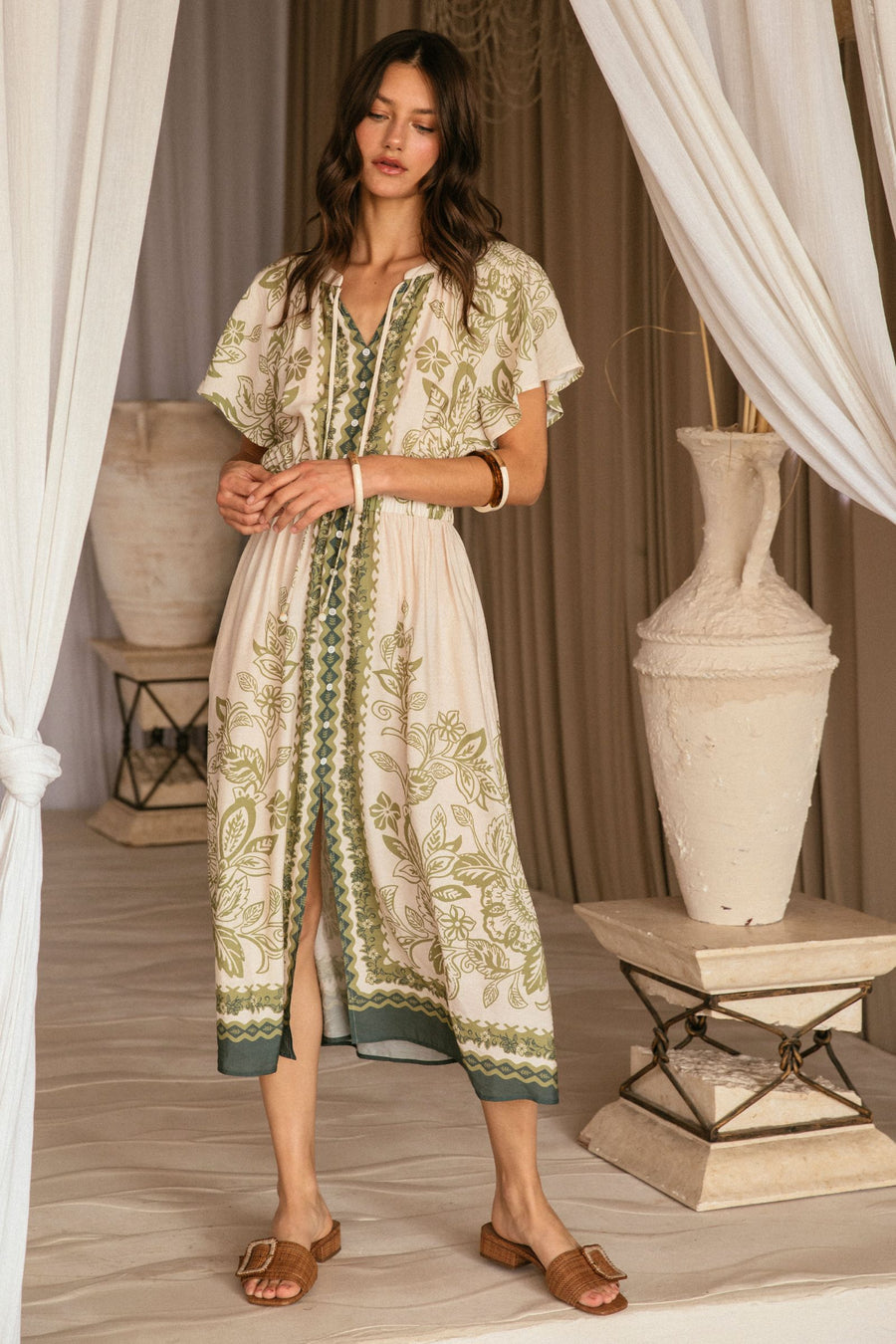 Skies are Blue Olive Print Midi Dress