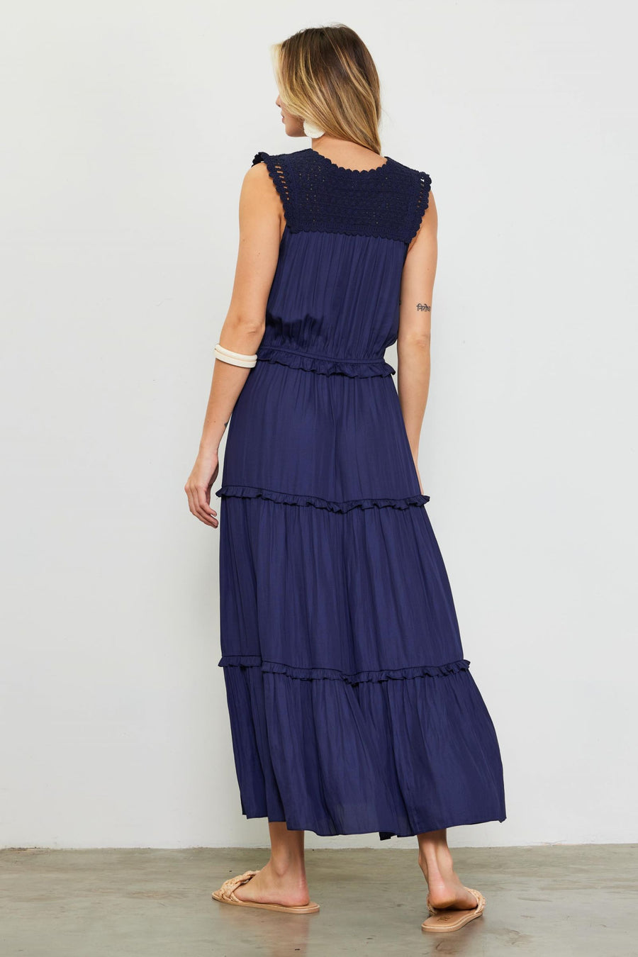 Skies Are Blue Navy Crochet Tiered Maxi Dress