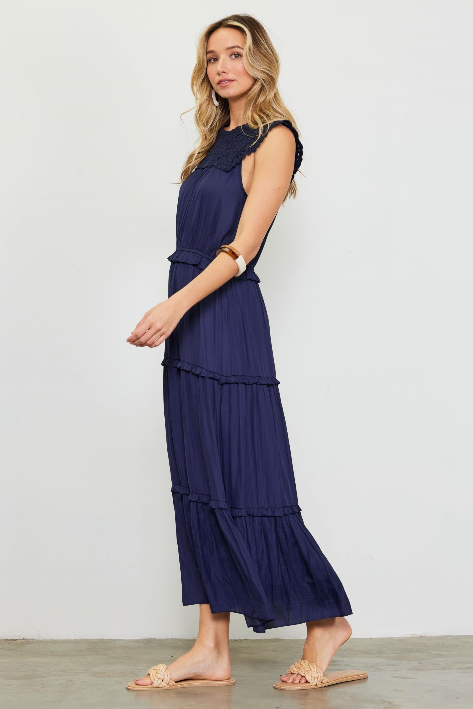 Skies Are Blue Navy Crochet Tiered Maxi Dress