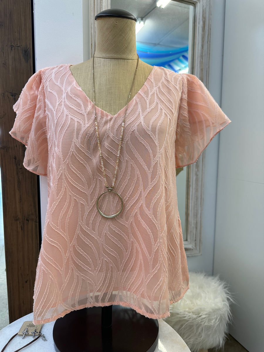 Peach Jacquard V-Neck Top