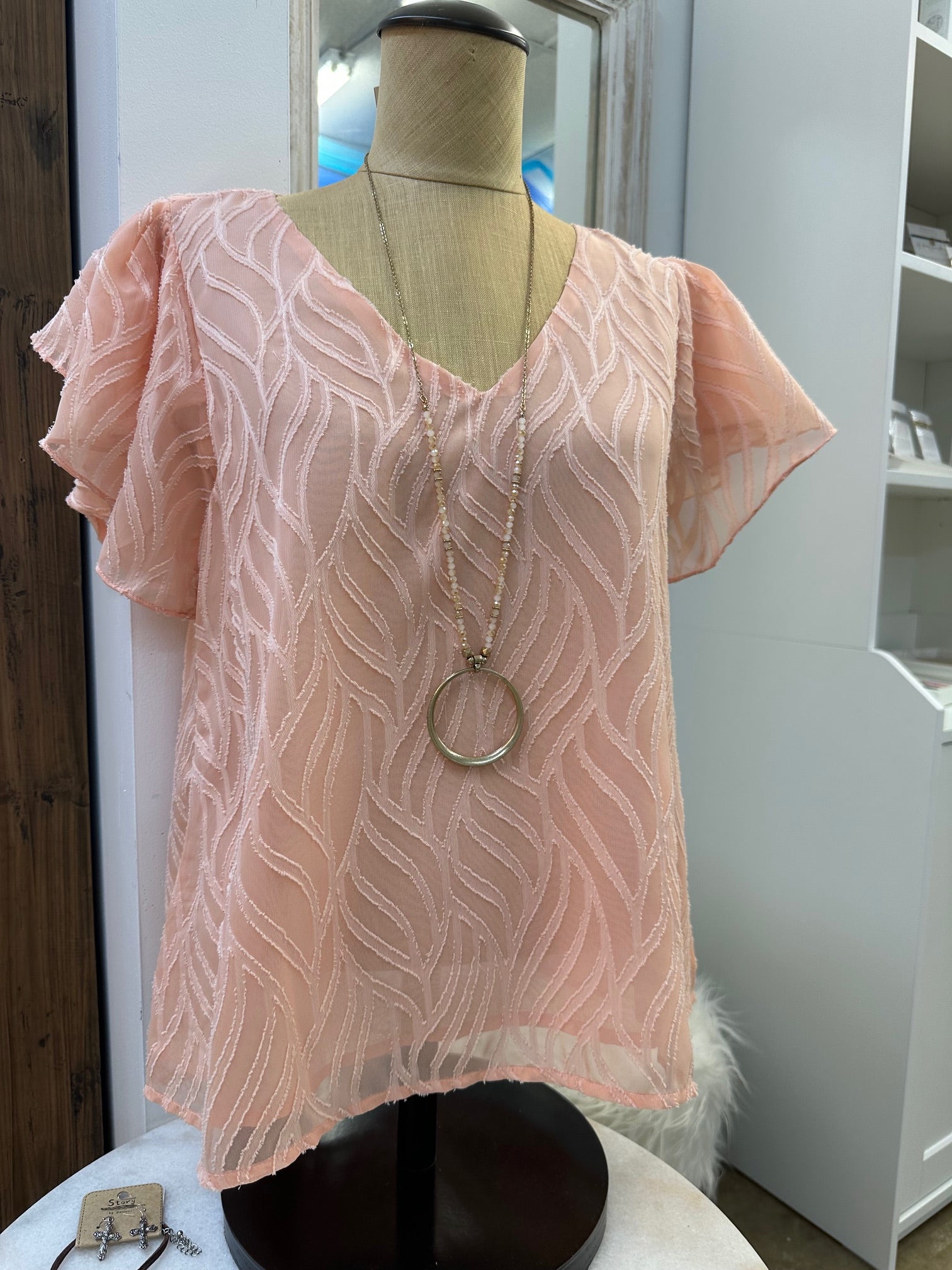 Peach Jacquard V-Neck Top