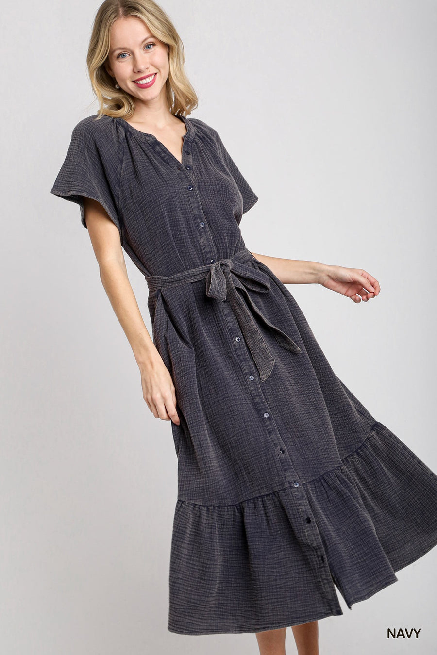 Navy Mineral Wash Midi Dress