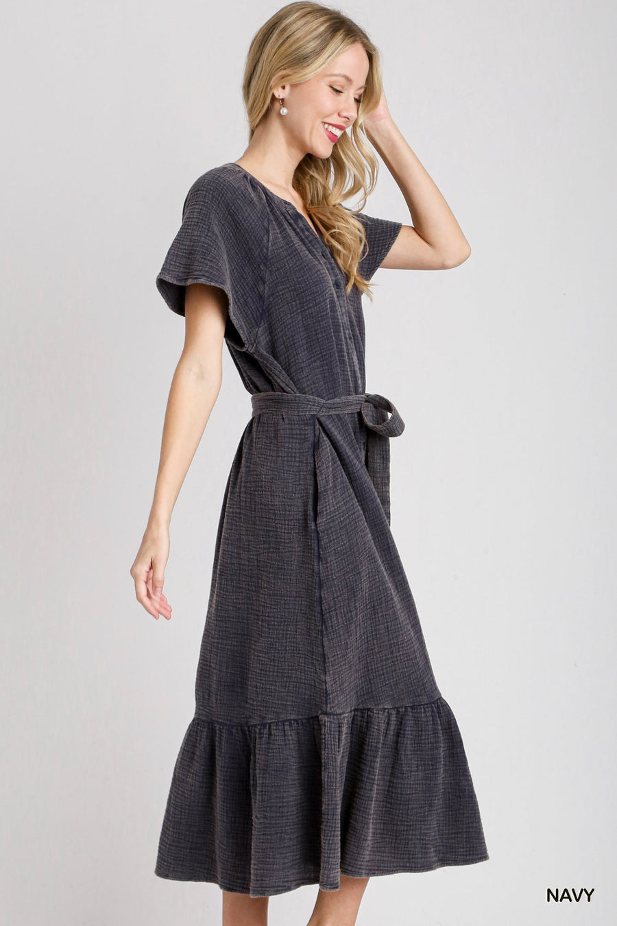 Navy Mineral Wash Midi Dress