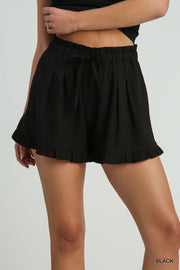 Black Linen Ruffle Hem Shorts