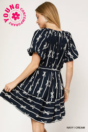 Navy Bow Print Button Down Dress