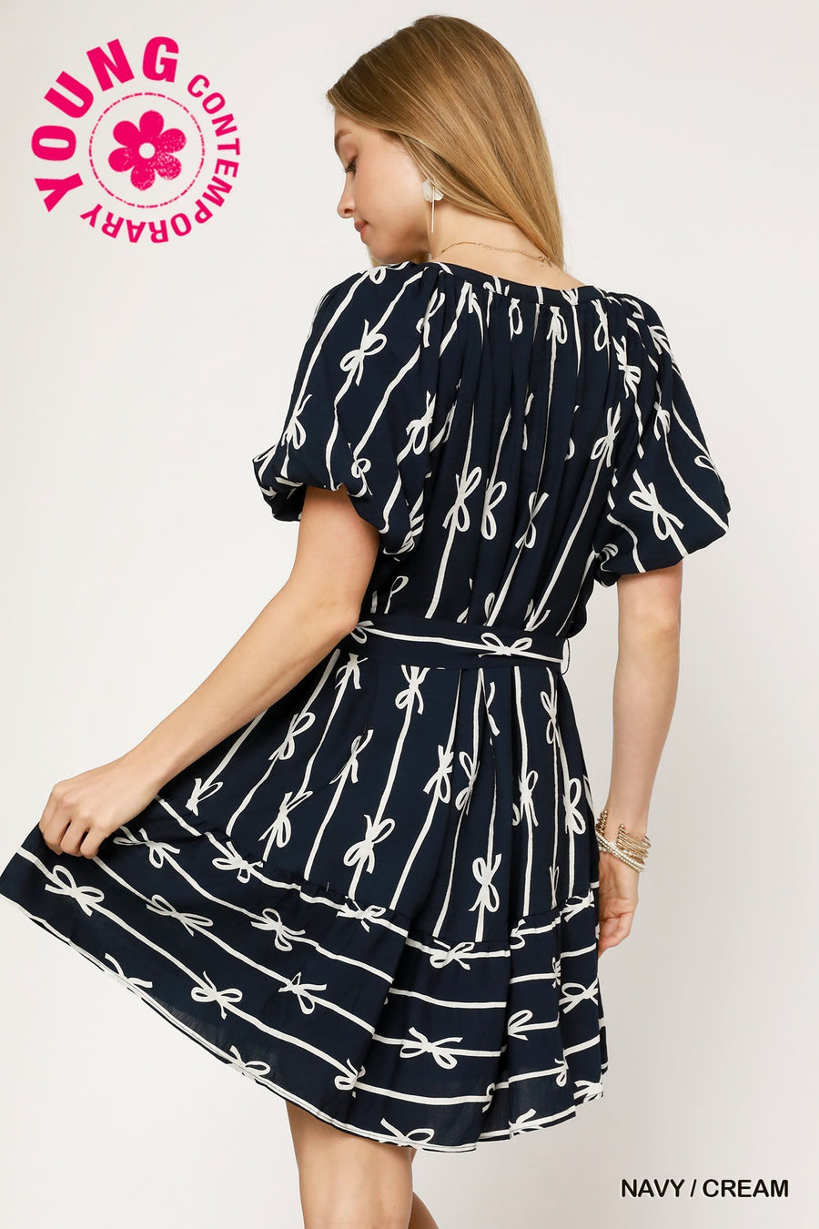 Navy Bow Print Button Down Dress
