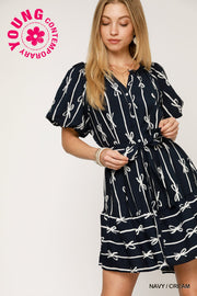 Navy Bow Print Button Down Dress