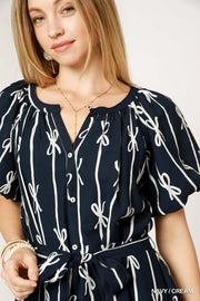 Navy Bow Print Button Down Dress