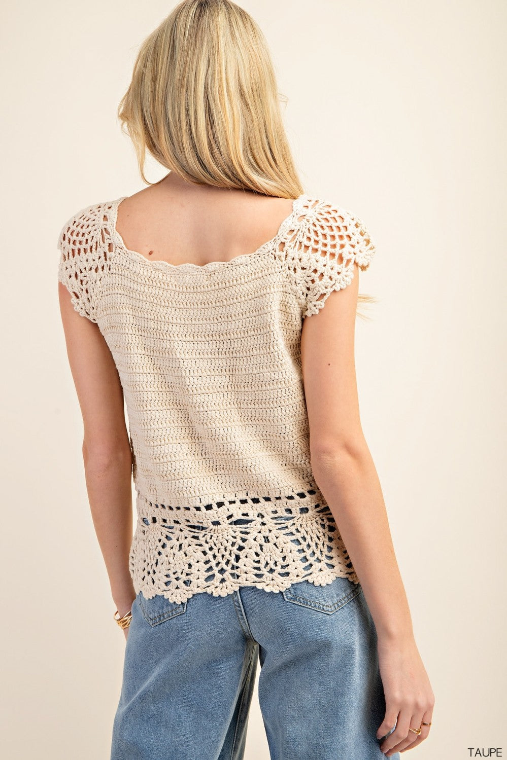 Taupe Crochet Scalloped Sweater