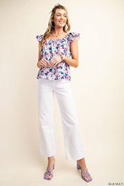 Blue Floral Flutter Top