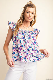 Blue Floral Flutter Top