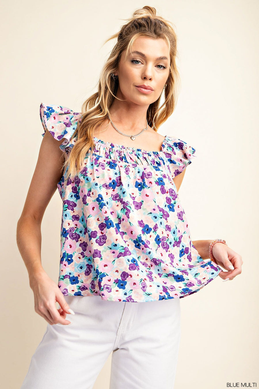 Blue Floral Flutter Top
