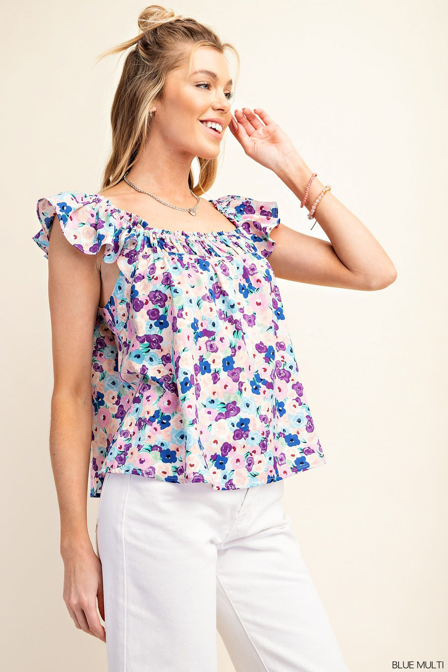 Blue Floral Flutter Top