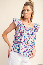 Blue Floral Flutter Top