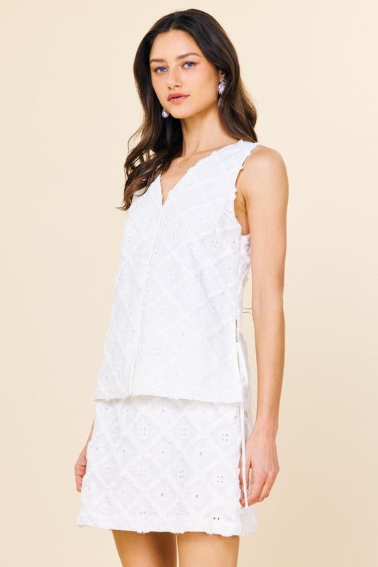 Skies are Blue White Textured Broderie Mini Skirt