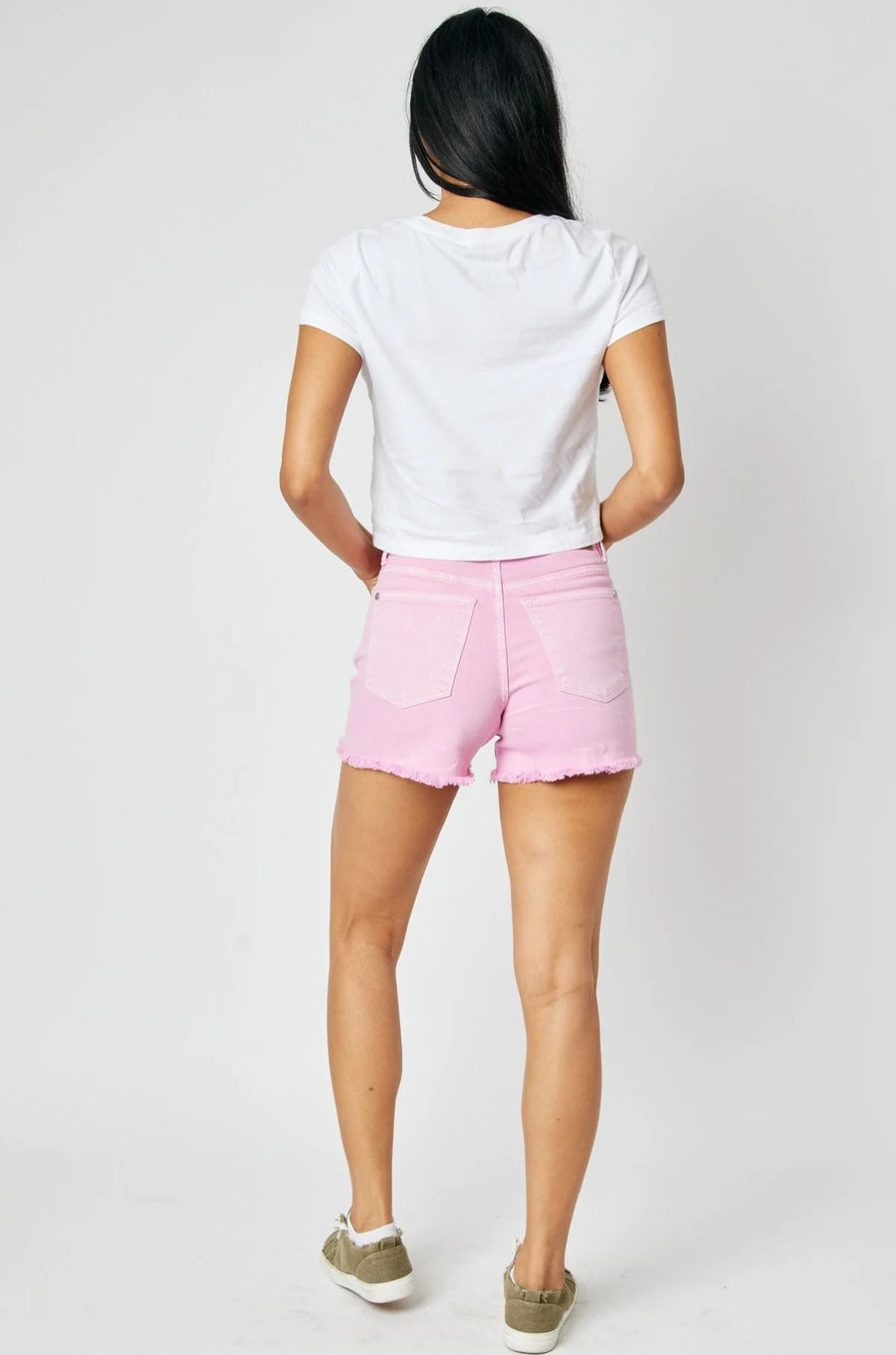 Judy Blue Mid Rise Light Pink Fray Hem Shorts