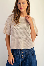 Sand Waffle Knit Short Sleeve Sweater