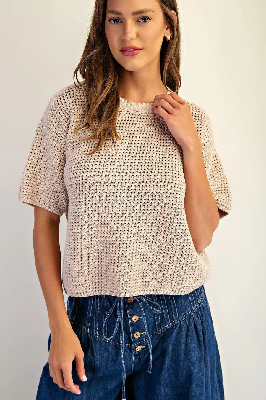 Sand Waffle Knit Short Sleeve Sweater
