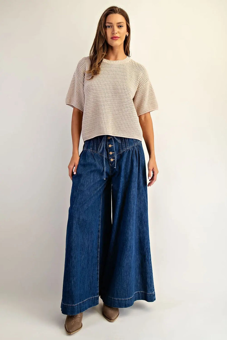 Sand Waffle Knit Short Sleeve Sweater